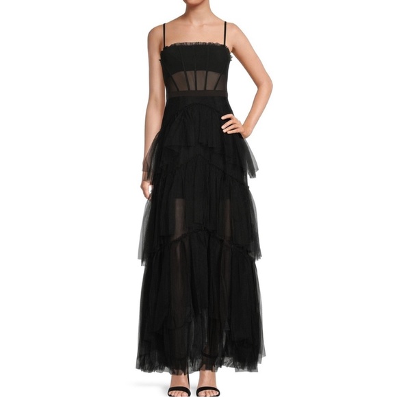 Betsy & Adam Dresses & Skirts - Betsy & Adam
Illusion Tiered Ruffled Tulle Square Neck Mesh Sleeveless Gown